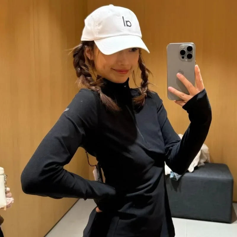 Black Fashion Slim Fit Yoga Top Korean Style Half Zipper Long Sleeved Women's Jacket White Stand-up Collar Yoga Clothes