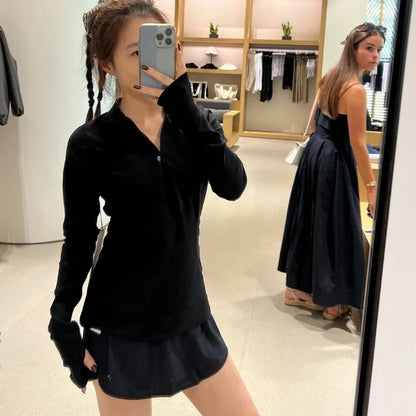 Black Fashion Slim Fit Yoga Top Korean Style Half Zipper Long Sleeved Women's Jacket White Stand-up Collar Yoga Clothes