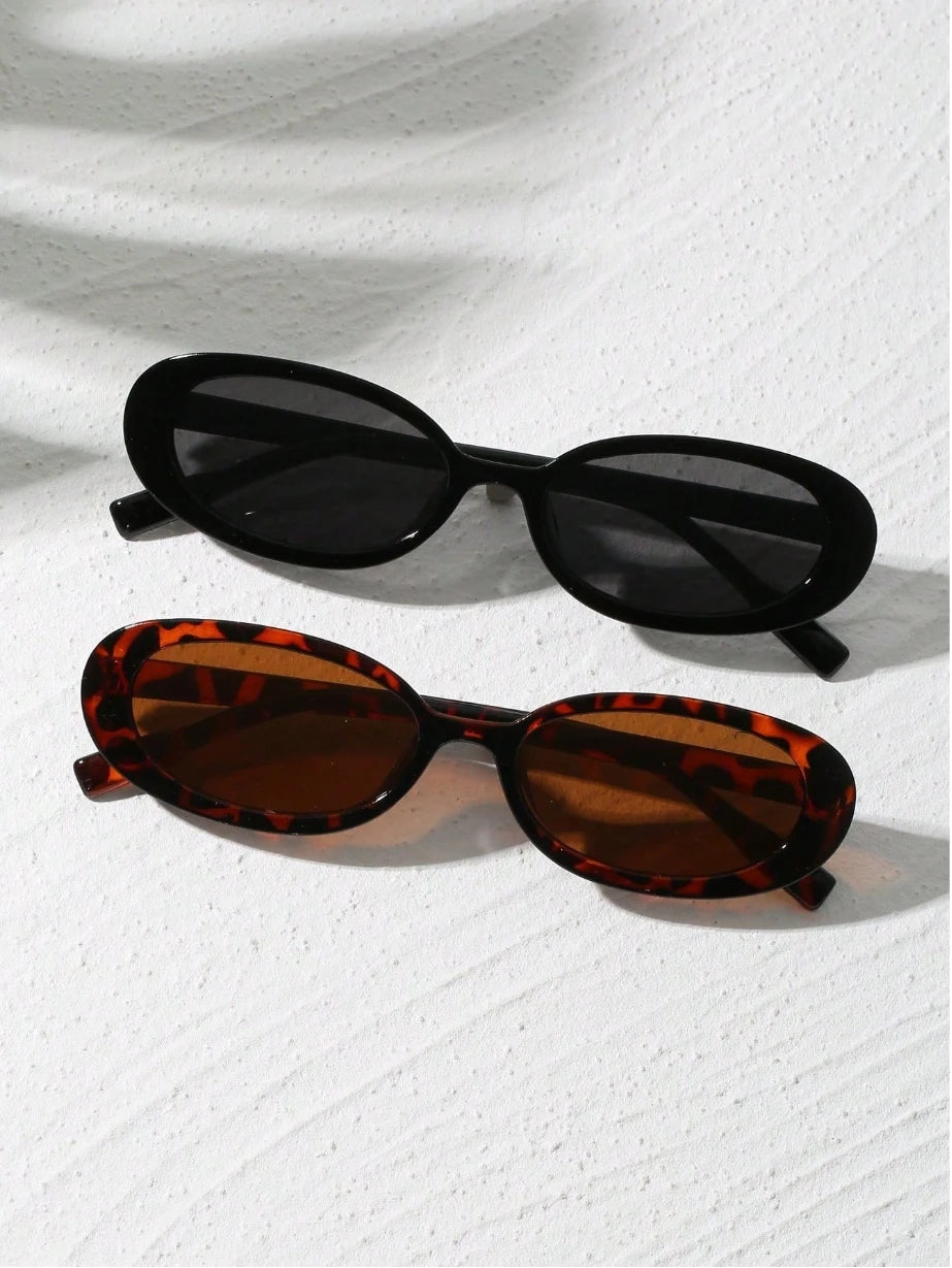 2pcs Vintage Small Frame Oval Shaped Plastic Sunglasses Outdoor Travel Beach Holiday UV Protection Fashionable Shade Travel