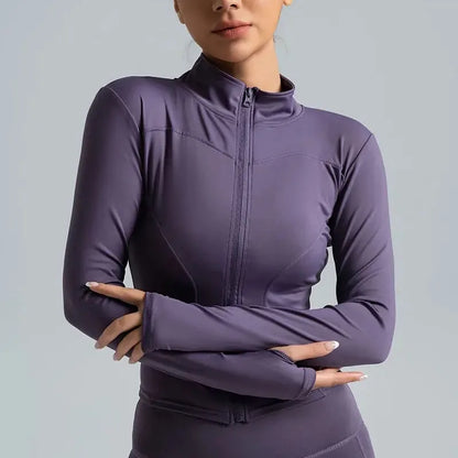 Women's Zip-Up Running Jacket Lightweight Stretchy Running Track Jacket with Thumb Holes, High Neck, Breathable Yoga Sportwear