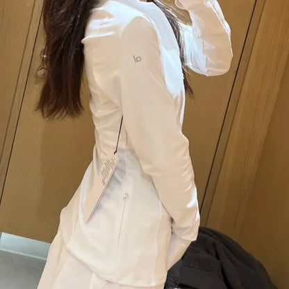 Black Fashion Slim Fit Yoga Top Korean Style Half Zipper Long Sleeved Women's Jacket White Stand-up Collar Yoga Clothes