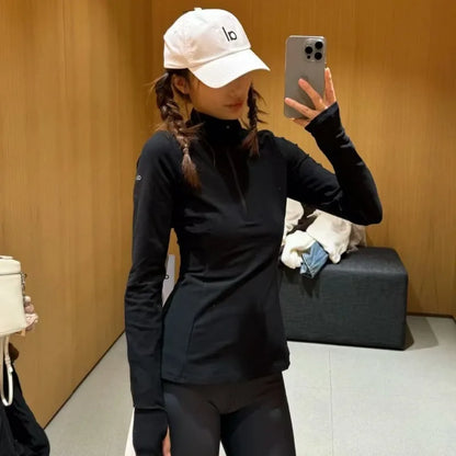 Black Fashion Slim Fit Yoga Top Korean Style Half Zipper Long Sleeved Women's Jacket White Stand-up Collar Yoga Clothes